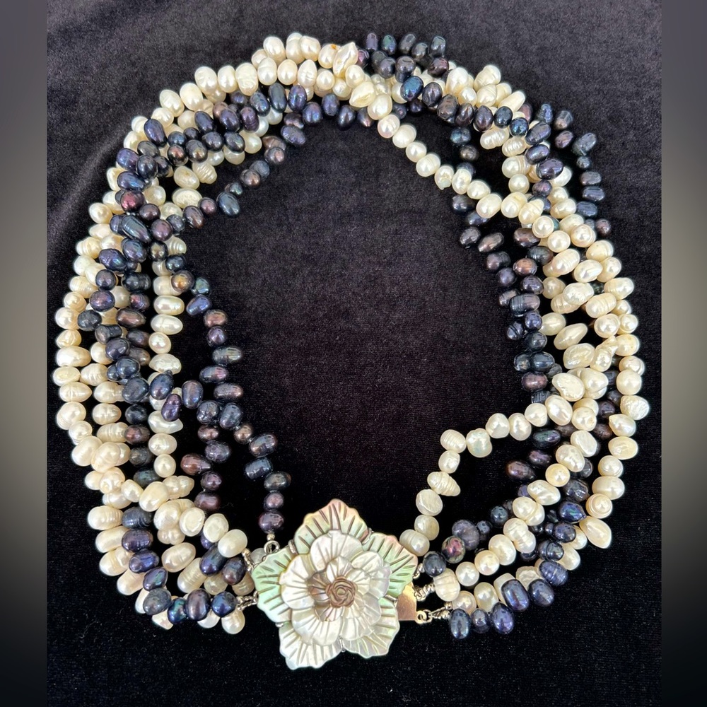 CUSTOM MADE -Black & White Freshwater Pearl Necklace with Hand Carved Clasp